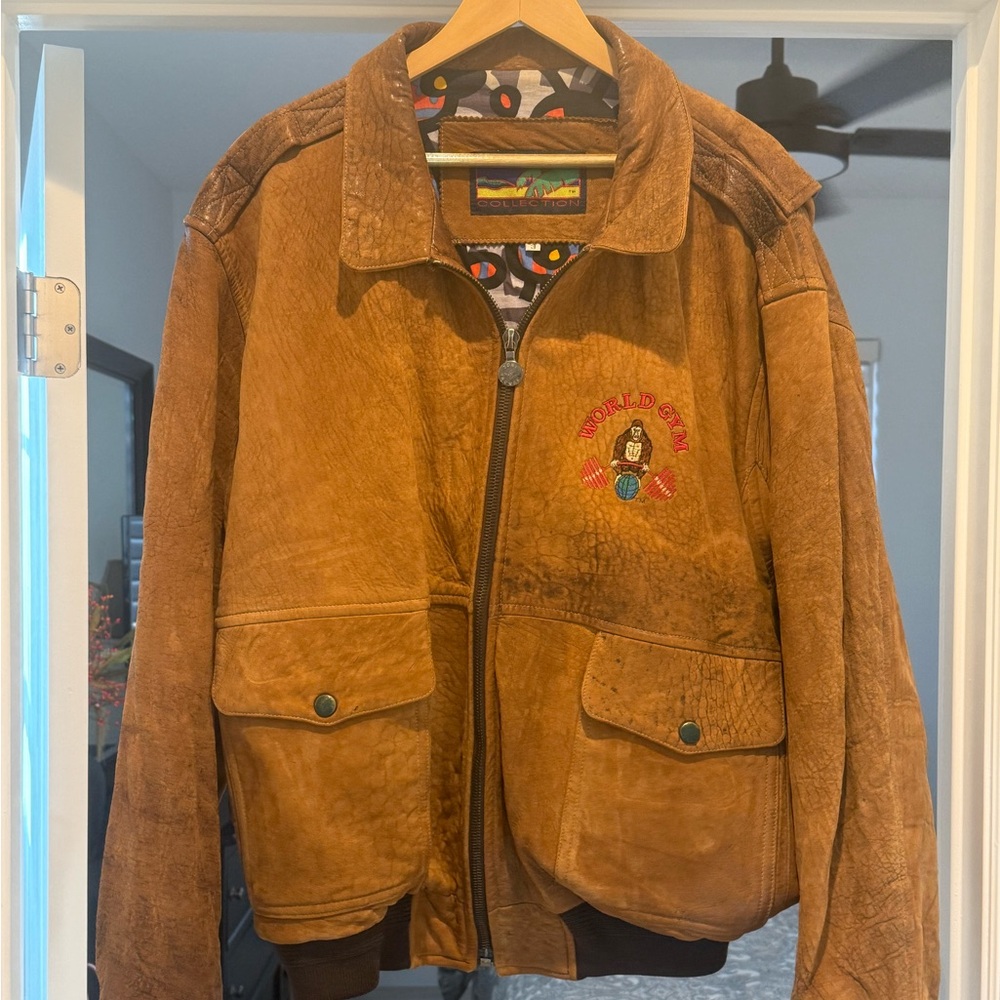 Authentic vintage World Gym natural Brown leather Men's Tony Nowak Jacket- XL